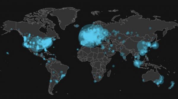 Global map of nodes on the Bitcoin network