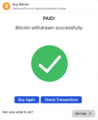 Confirmation of a bitcoin purchase from Lightning Pay