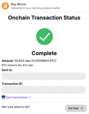 An onchain bitcoin purchase confirmation from Lightning Pay